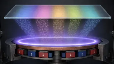 Racetrack plasma above an RF magnetron sputtering target Illustration of RF magnetron sputtering: a glowing violet plasma ring forms above the target between alternating magnet rows, launching five separate particle streams that land as five differently colored bands on the ZnO-coated glass substrate above.