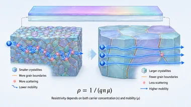 Crystallite size versus electron mobility in ZnO thin film regions Side-by-side comparison of ZnO nanostructure grain boundaries: smaller crystallites with more grain boundaries scatter electrons and lower mobility, while larger crystallites with fewer boundaries allow smoother electron flow and higher mobility, following resistivity equals one over the product of charge, carrier concentration, and mobility.
