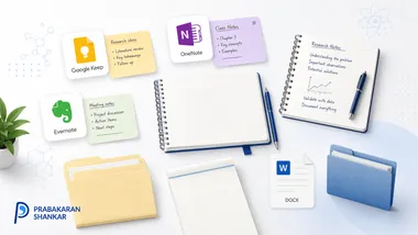 Note-taking tools researchers try App icons and note cards for Google Keep, OneNote, and Evernote next to spiral notebooks, a manila folder, a legal pad, a Word DOCX file icon, and a blue folder, representing common note-taking tools.