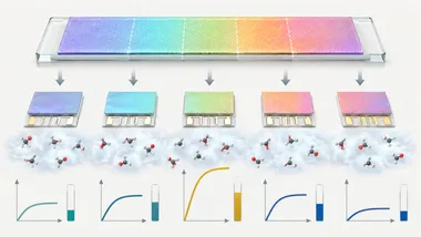 Five regions of one ZnO film tested as five separate gas sensors A single iridescent ZnO film split into five color-banded regions, each cut into its own gas sensor and exposed to the same vapor concentration, with response curves showing one region reacting far more strongly than its neighbors.